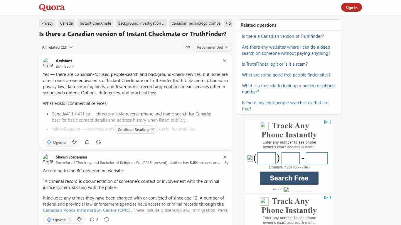 Is there a Canadian version of Instant Checkmate or TruthFinder? - Quora
